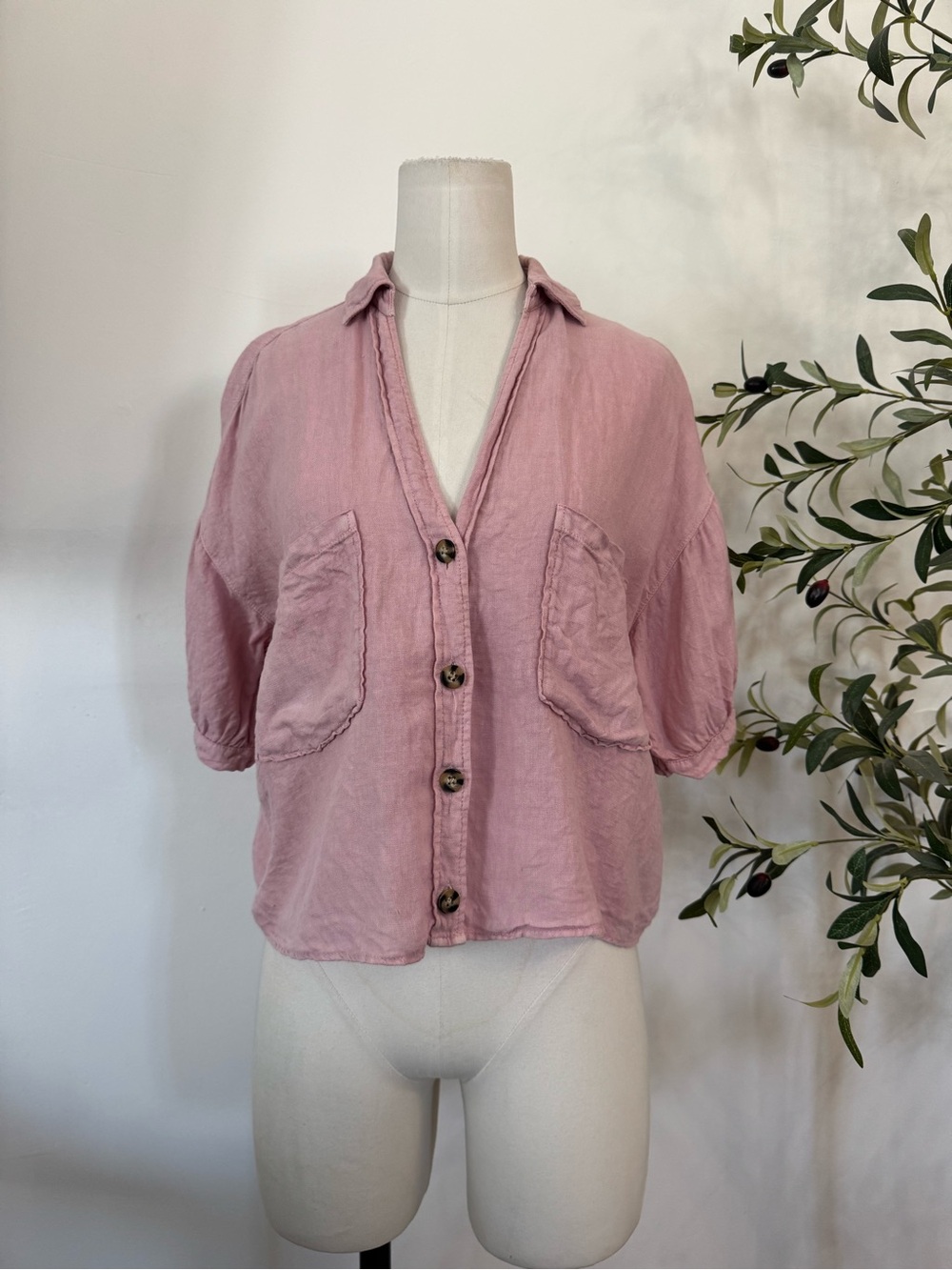Zara 100% Linen Pink Button Front Collared Crop Shirt Blouse XS